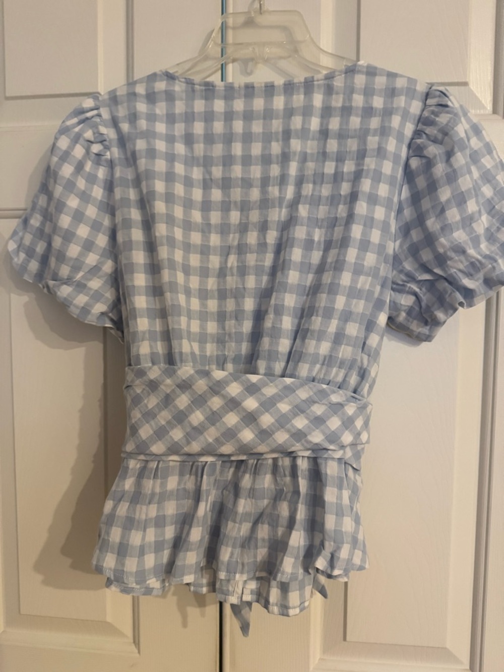 Anthropologie Light Blue and White Gingham Button-Front Tie-Waist Blouse - Picture 2 of 9